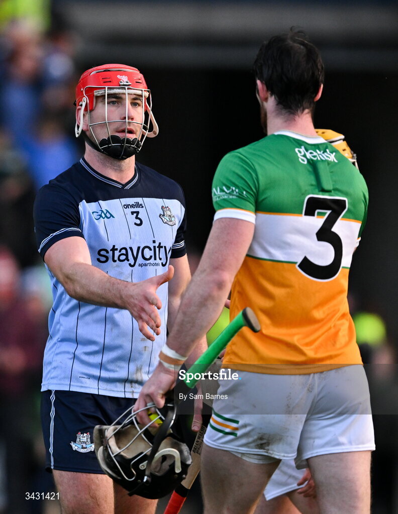 18 April 2026; Paddy Smyth of Dublin and Ben Conneely of Offaly shake hands after the Leinster GAA Senior Hurling Championship Round 1 match between Offaly and Dublin at Glenisk O'Connor Park in Tullamore, Offaly. Photo by Sam Barnes/Sportsfile