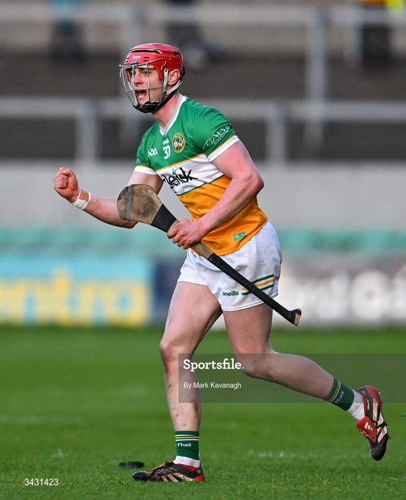 18 April 2026; Charlie Mitchell of Offaly celebrates scoring a crucial point during the Leinster GAA Senior Hurling Championship Round 1 match between Offaly and Dublin at Glenisk O'Connor Park in Tullamore, Offaly. Photo by Mark Kavanagh/Sportsfile