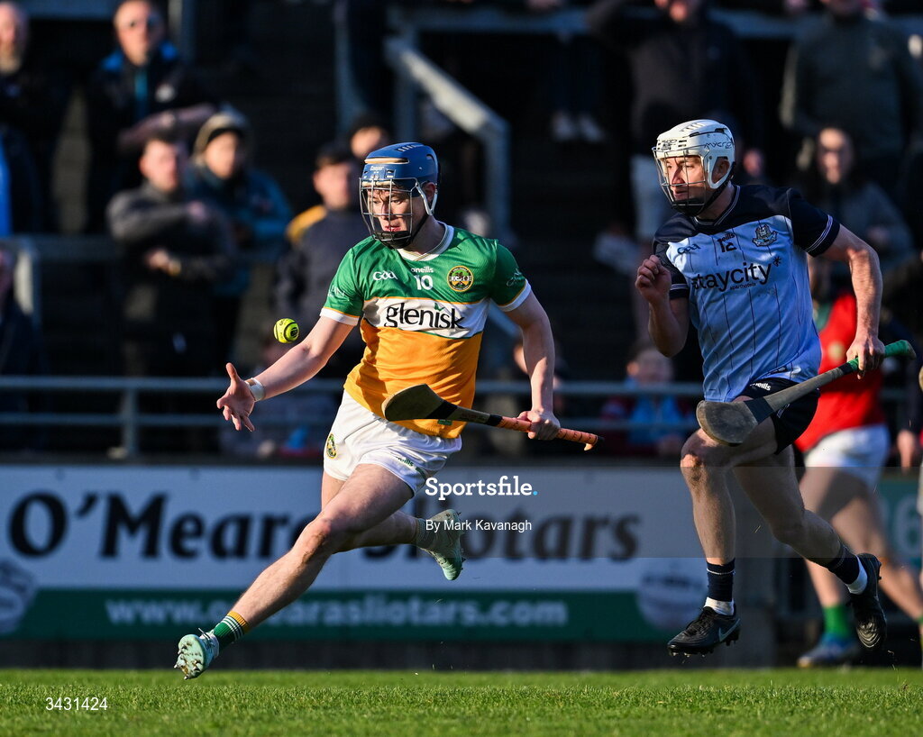 18 April 2026; Shane Rigney of Offaly in action against Darragh Power of Dublin during the Leinster GAA Senior Hurling Championship Round 1 match between Offaly and Dublin at Glenisk O'Connor Park in Tullamore, Offaly. Photo by Mark Kavanagh/Sportsfile