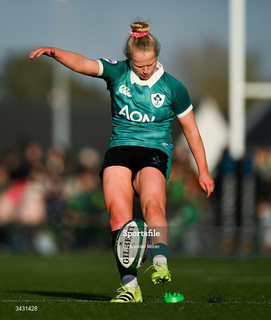 18 April 2026; Dannah O'Brien of Ireland kicks a conversion during the Women's Six Nations Rugby Championship match between Ireland and Italy at Dexcom Stadium in Galway. Photo by Brendan Moran/Sportsfile