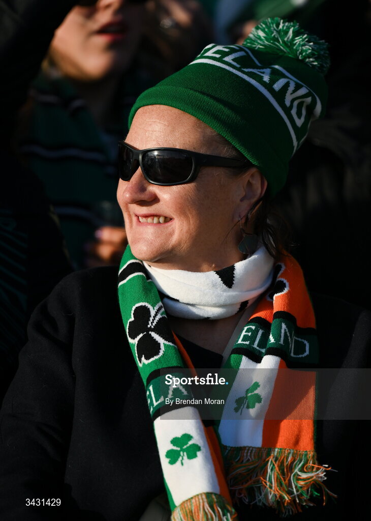 18 April 2026; An Ireland supporter takes in the sunshine duribg the Women's Six Nations Rugby Championship match between Ireland and Italy at Dexcom Stadium in Galway. Photo by Brendan Moran/Sportsfile