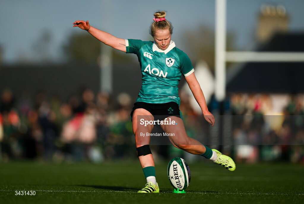 18 April 2026; Dannah O'Brien of Ireland kicks a conversion during the Women's Six Nations Rugby Championship match between Ireland and Italy at Dexcom Stadium in Galway. Photo by Brendan Moran/Sportsfile