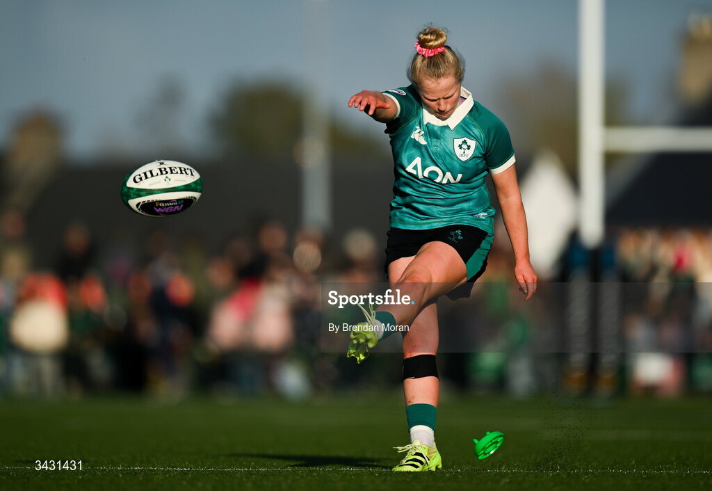 18 April 2026; Dannah O'Brien of Ireland kicks a conversion during the Women's Six Nations Rugby Championship match between Ireland and Italy at Dexcom Stadium in Galway. Photo by Brendan Moran/Sportsfile