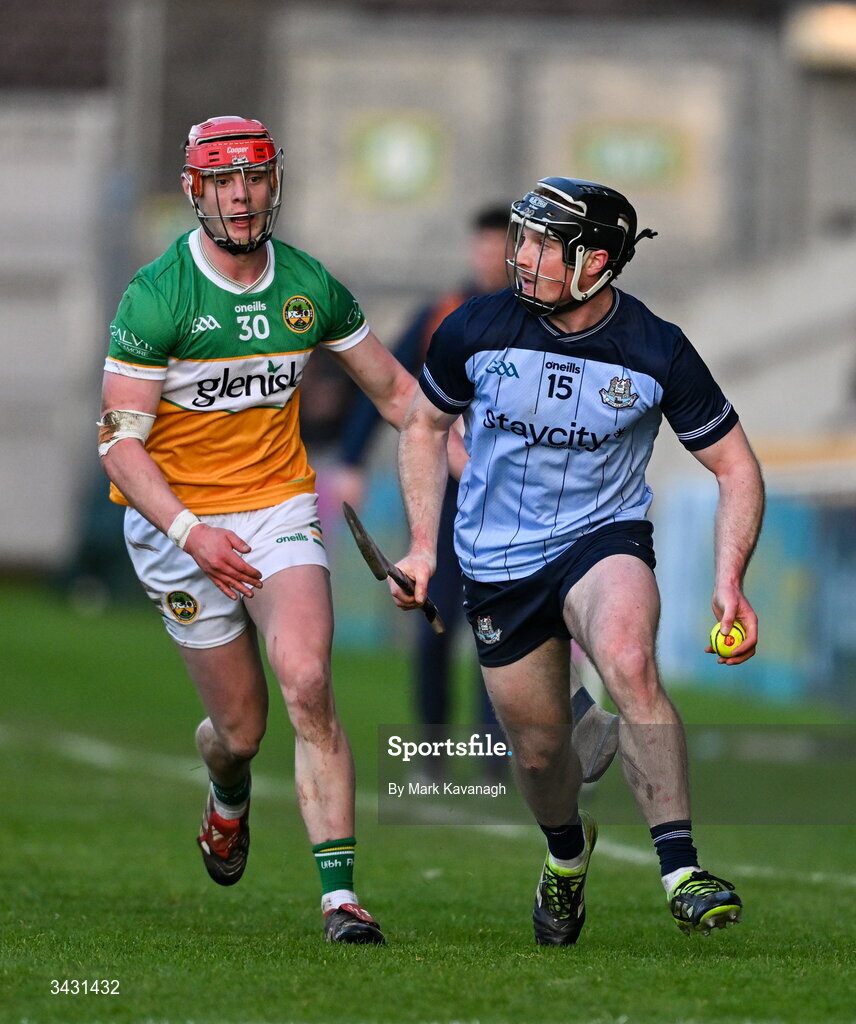 18 April 2026; Cian O'Sullivan of Dublin in action against Charlie Mitchell of Offaly during the Leinster GAA Senior Hurling Championship Round 1 match between Offaly and Dublin at Glenisk O'Connor Park in Tullamore, Offaly. Photo by Mark Kavanagh/Sportsfile