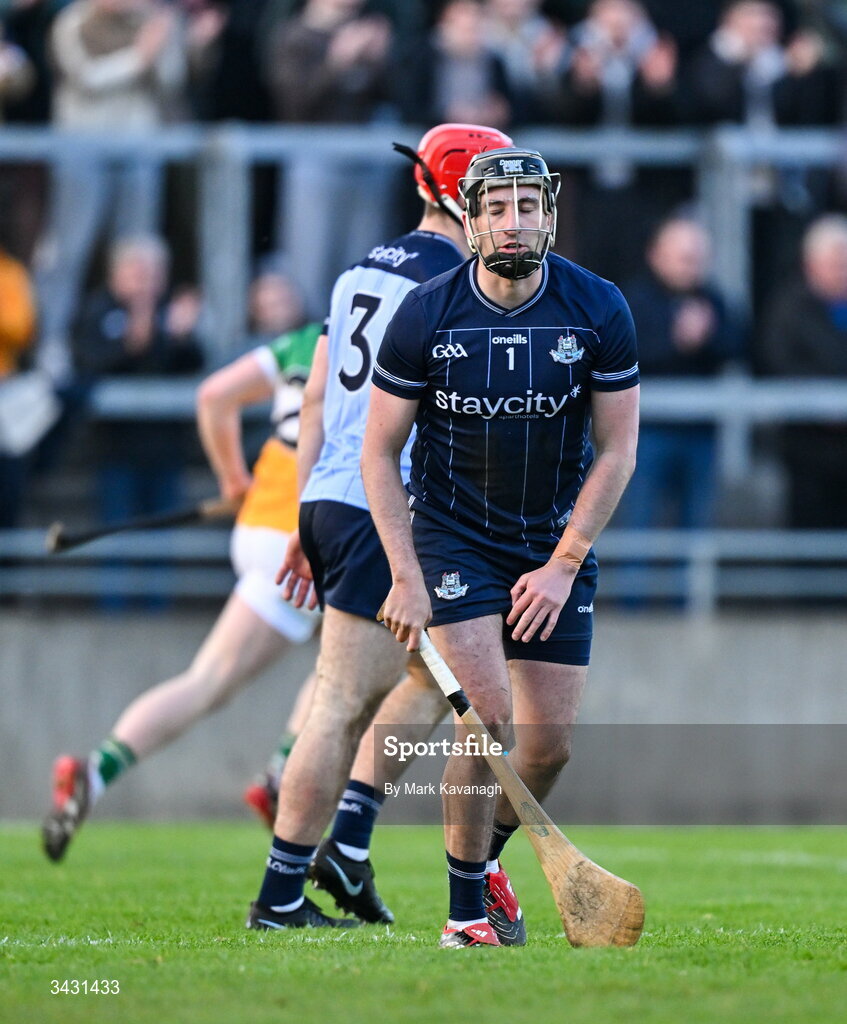 18 April 2026; Dublin goalkeeper Seán Brennan reacts after Charlie Mitchell of Offaly scores his sides fourth goal during the Leinster GAA Senior Hurling Championship Round 1 match between Offaly and Dublin at Glenisk O'Connor Park in Tullamore, Offaly. Photo by Mark Kavanagh/Sportsfile
