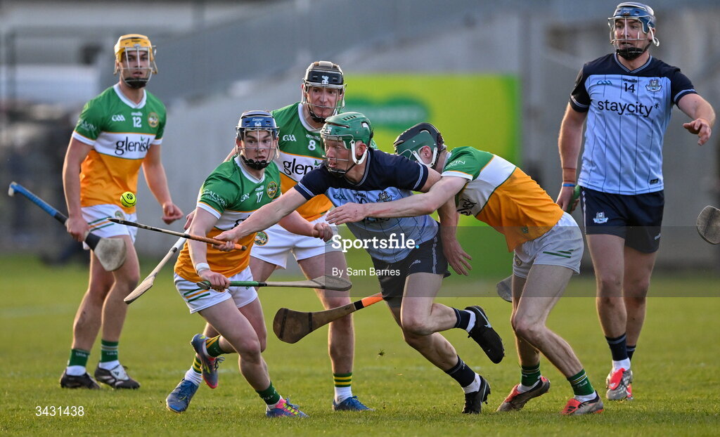 18 April 2026; Fergal Whitely of Dublin in action against Colin Spain, left, and Ter Guinan of Offaly during the Leinster GAA Senior Hurling Championship Round 1 match between Offaly and Dublin at Glenisk O'Connor Park in Tullamore, Offaly. Photo by Sam Barnes/Sportsfile