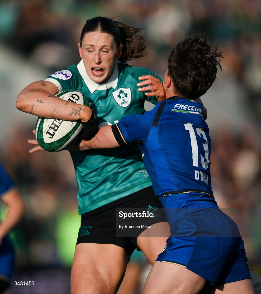 18 April 2026; Anna McGann of Ireland is tackled by Alyssa D'Inca of Italy during the Women's Six Nations Rugby Championship match between Ireland and Italy at Dexcom Stadium in Galway. Photo by Brendan Moran/Sportsfile