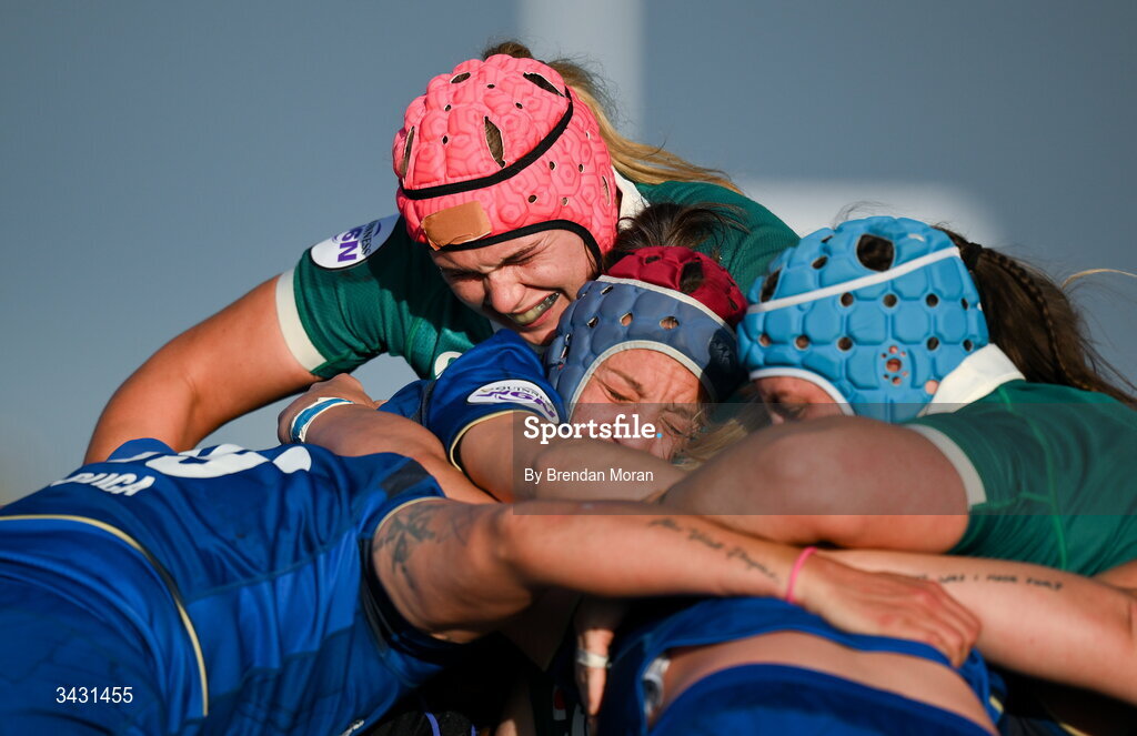 18 April 2026; Dorothy Wall of Ireland, top and Elisa Giordano of Italy suring a rolling maul during the Women's Six Nations Rugby Championship match between Ireland and Italy at Dexcom Stadium in Galway. Photo by Brendan Moran/Sportsfile