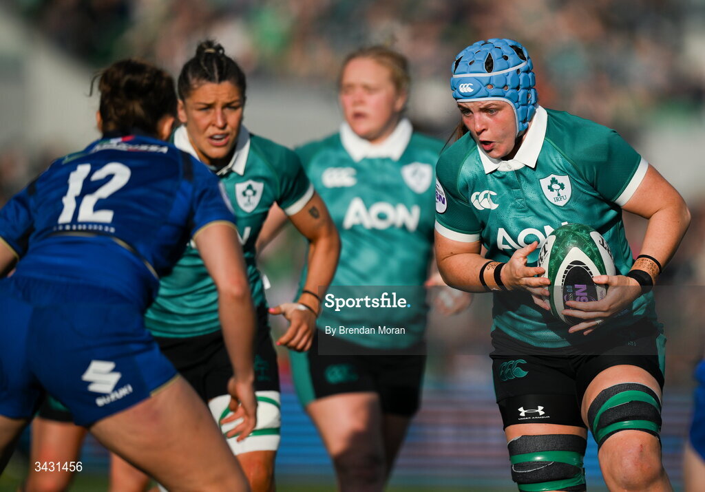 18 April 2026; Brittany Hogan of Ireland during the Women's Six Nations Rugby Championship match between Ireland and Italy at Dexcom Stadium in Galway. Photo by Brendan Moran/Sportsfile