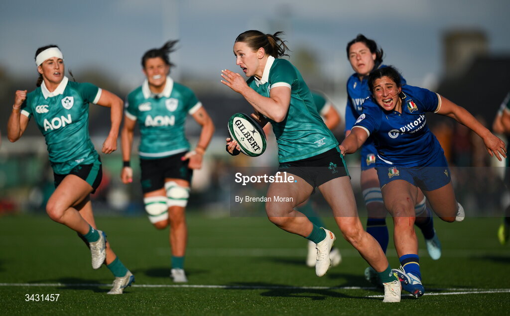 18 April 2026; Anna McGann of Ireland makes a break during the Women's Six Nations Rugby Championship match between Ireland and Italy at Dexcom Stadium in Galway. Photo by Brendan Moran/Sportsfile