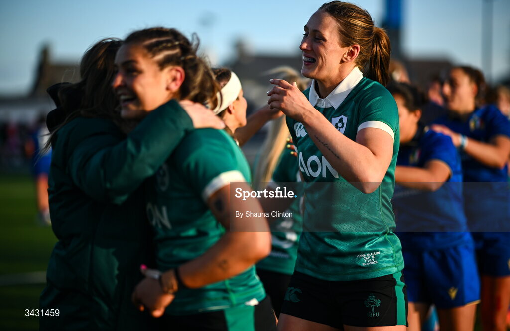 18 April 2026; Anna McGann of Ireland, centre, and team-mates after the Women's Six Nations Rugby Championship match between Ireland and Italy at Dexcom Stadium in Galway. Photo by Shauna Clinton/Sportsfile