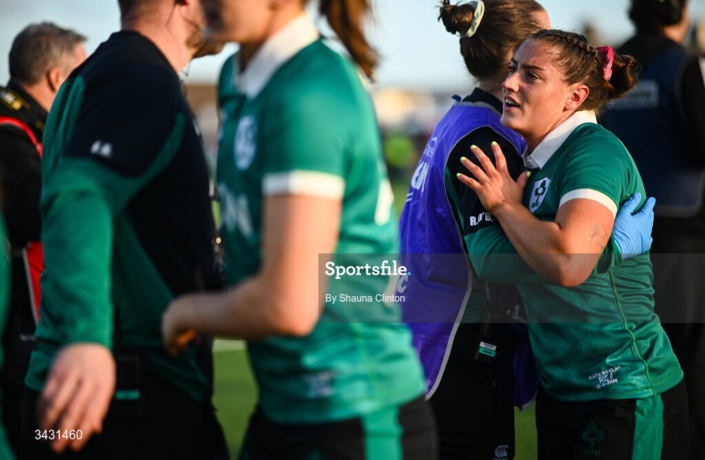 18 April 2026; Katie Whelan of Ireland, centre, and team-mates after the Women's Six Nations Rugby Championship match between Ireland and Italy at Dexcom Stadium in Galway. Photo by Shauna Clinton/Sportsfile