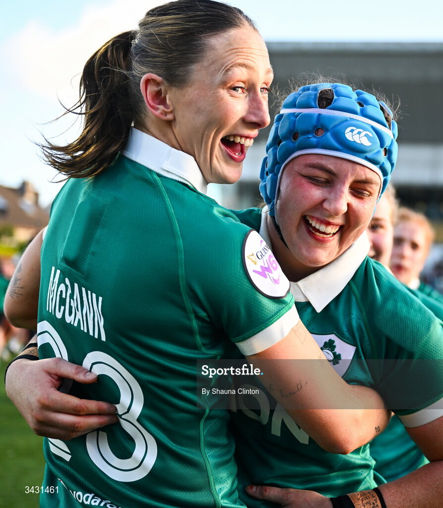 18 April 2026; Anna McGann, left, and Brittany Hogan after the Women's Six Nations Rugby Championship match between Ireland and Italy at Dexcom Stadium in Galway. Photo by Shauna Clinton/Sportsfile