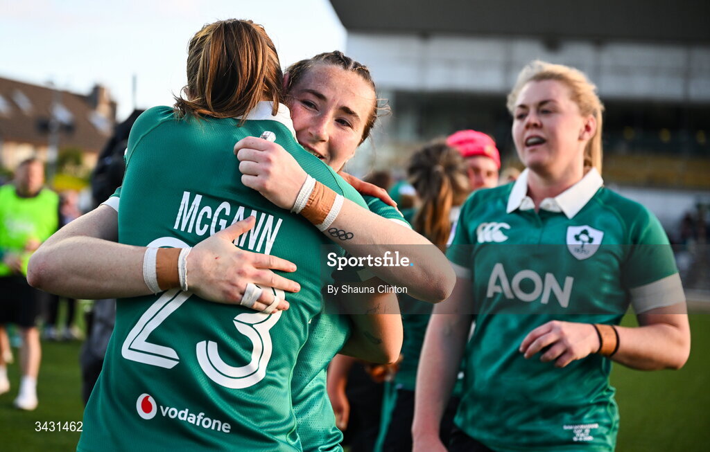 18 April 2026; Anna McGann, left, and Eve Higgins after the Women's Six Nations Rugby Championship match between Ireland and Italy at Dexcom Stadium in Galway. Photo by Shauna Clinton/Sportsfile