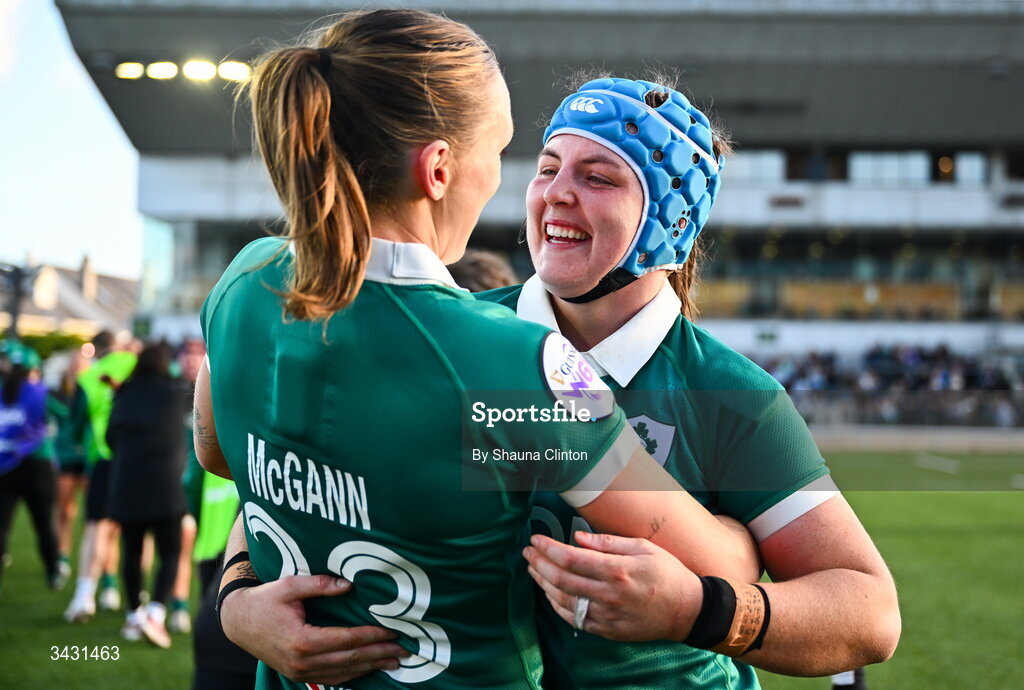 18 April 2026; Anna McGann, left, and Brittany Hogan after the Women's Six Nations Rugby Championship match between Ireland and Italy at Dexcom Stadium in Galway. Photo by Shauna Clinton/Sportsfile