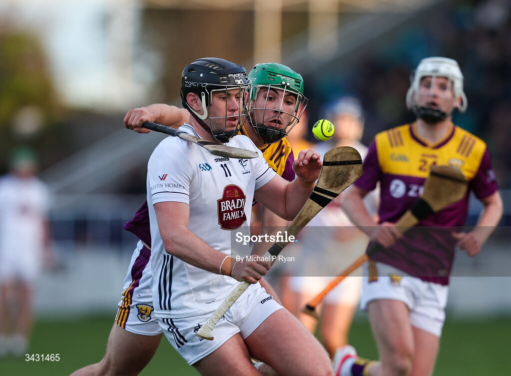 18 April 2026; Cathal McCabe of Kildare in action against Richie Lawlor of Wexford during the Leinster GAA Senior Hurling Championship Round 1 match between Kildare and Wexford at Cedral St Conleth's Park in Newbridge, Kildare. Photo by Michael P Ryan/Sportsfile