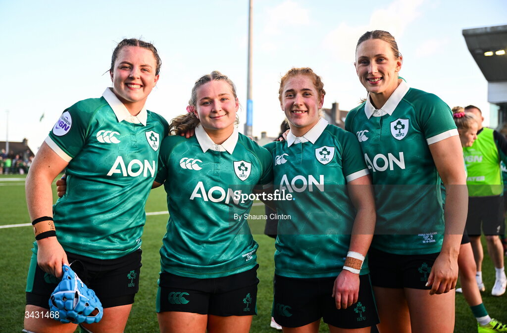 18 April 2026; Ireland players, from left, Brittany Hogan, Sadhbh McGrath, Niamh O'Dowd and Anna McGann after the Women's Six Nations Rugby Championship match between Ireland and Italy at Dexcom Stadium in Galway. Photo by Shauna Clinton/Sportsfile