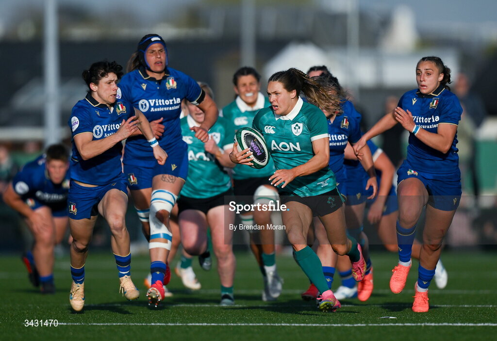 18 April 2026; Béibhinn Parsons of Ireland makes a break during the Women's Six Nations Rugby Championship match between Ireland and Italy at Dexcom Stadium in Galway. Photo by Brendan Moran/Sportsfile