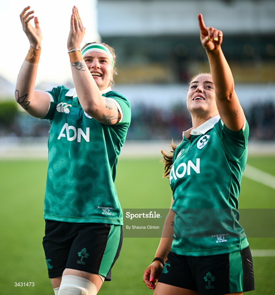 18 April 2026; Ireland players Ruth Campbell, left, and Katie Whelan after the Women's Six Nations Rugby Championship match between Ireland and Italy at Dexcom Stadium in Galway. Photo by Shauna Clinton/Sportsfile