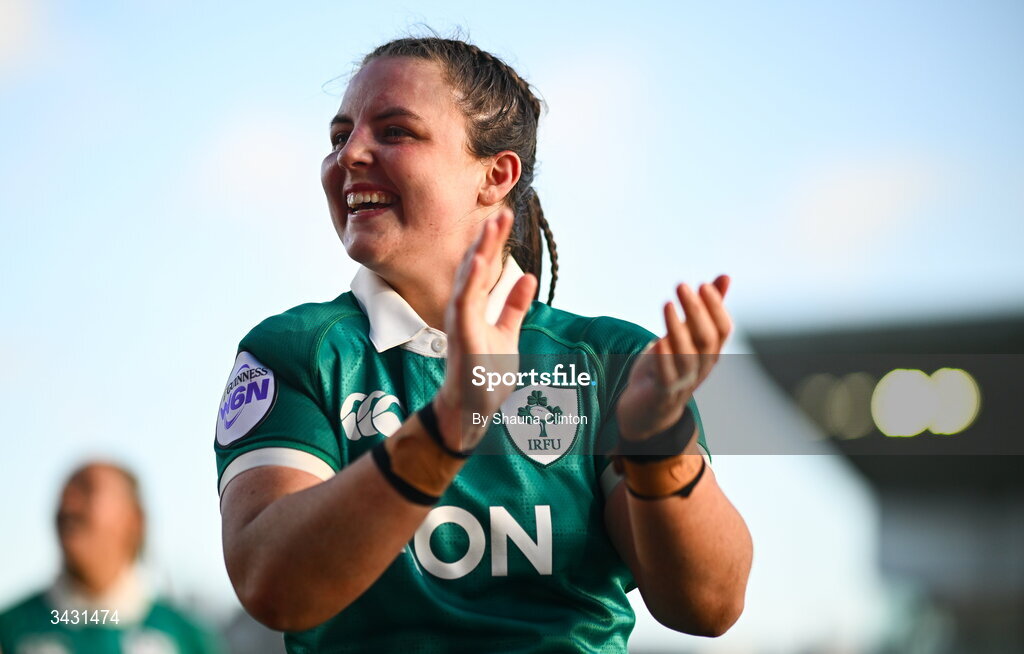18 April 2026; Brittany Hogan of Ireland after the Women's Six Nations Rugby Championship match between Ireland and Italy at Dexcom Stadium in Galway. Photo by Shauna Clinton/Sportsfile