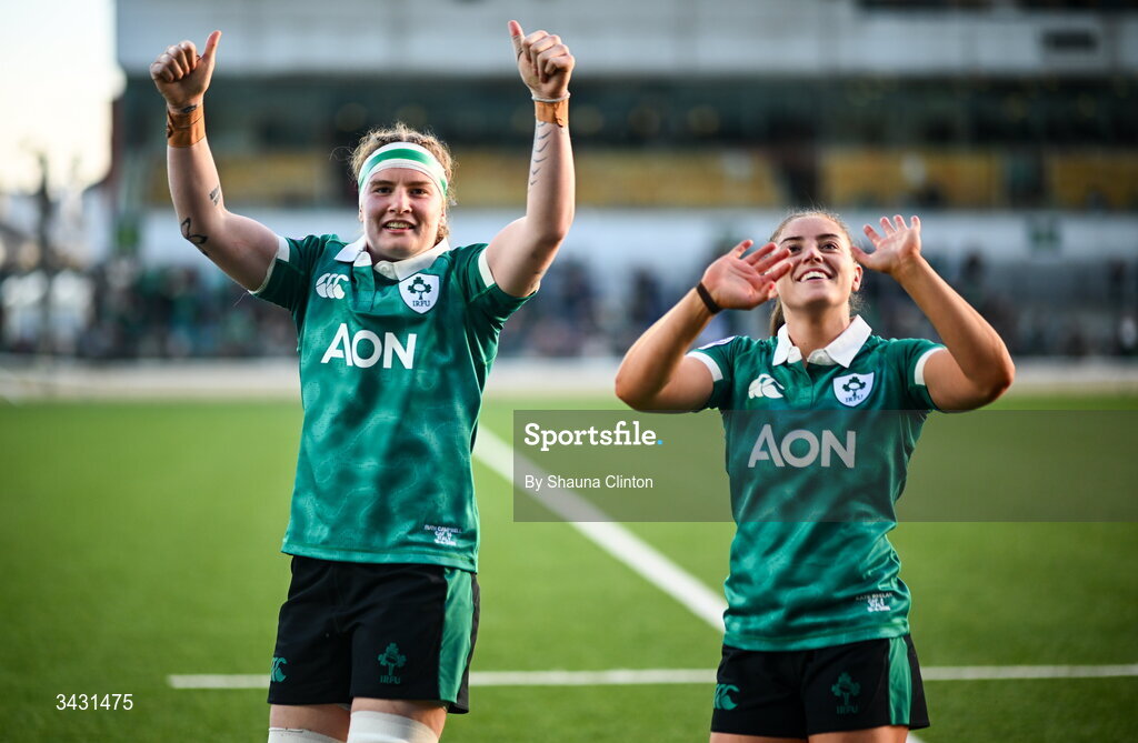 18 April 2026; Ireland players Ruth Campbell, left, and Katie Whelan after the Women's Six Nations Rugby Championship match between Ireland and Italy at Dexcom Stadium in Galway. Photo by Shauna Clinton/Sportsfile