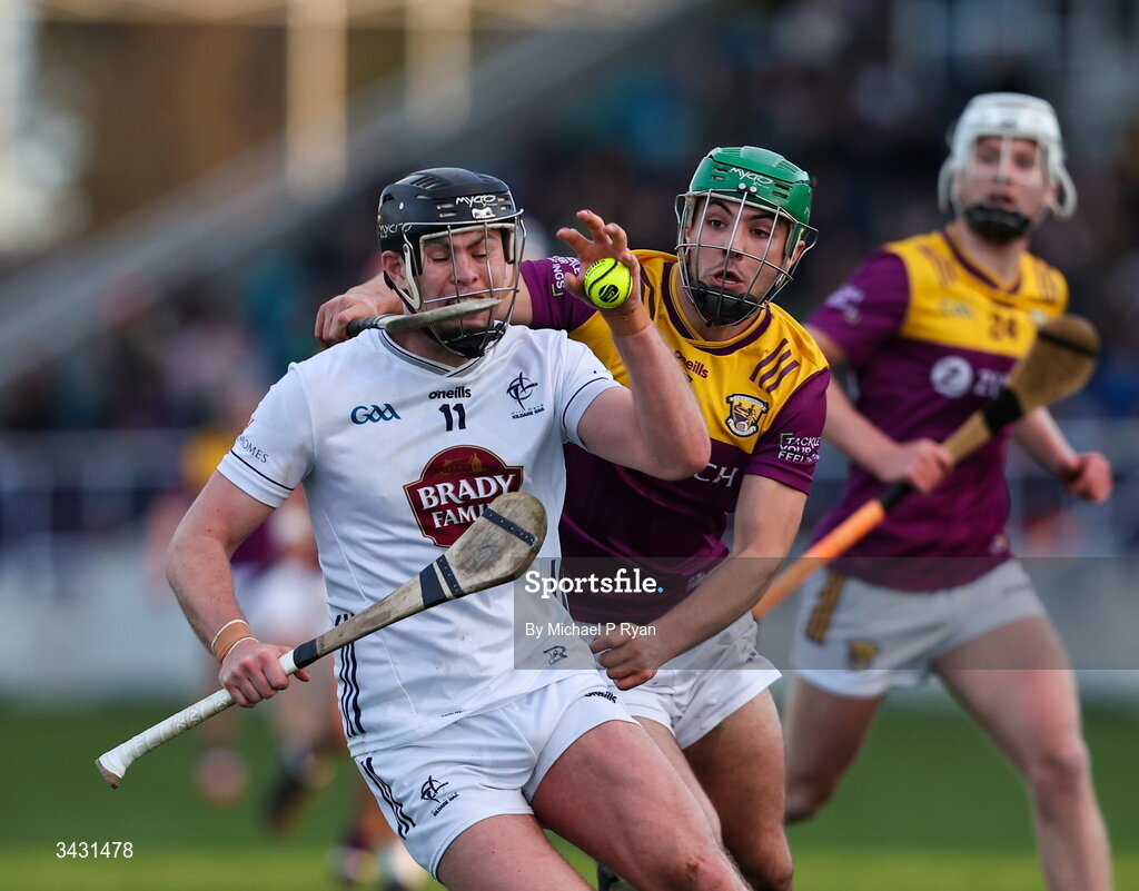 18 April 2026; Cathal McCabe of Kildare in action against Richie Lawlor of Wexford during the Leinster GAA Senior Hurling Championship Round 1 match between Kildare and Wexford at Cedral St Conleth's Park in Newbridge, Kildare. Photo by Michael P Ryan/Sportsfile