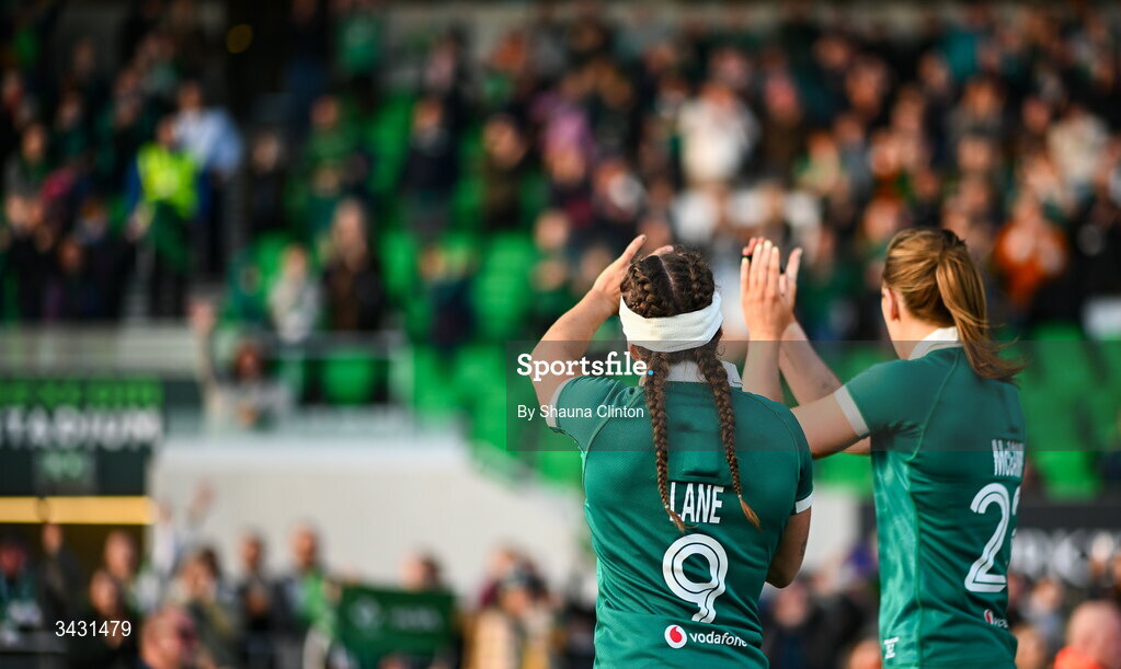 18 April 2026; Emily Lane, left, and Anna McGann of Ireland acknowledge supporters after the Women's Six Nations Rugby Championship match between Ireland and Italy at Dexcom Stadium in Galway. Photo by Shauna Clinton/Sportsfile