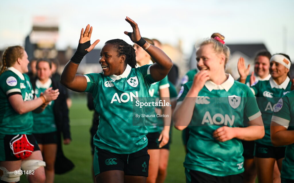 18 April 2026; Linda Djougang of Ireland, centre, and team-mates after the Women's Six Nations Rugby Championship match between Ireland and Italy at Dexcom Stadium in Galway. Photo by Shauna Clinton/Sportsfile