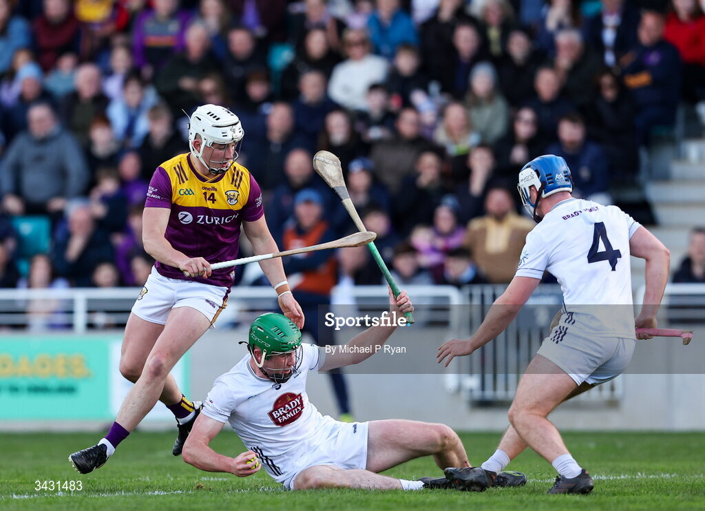 18 April 2026; Paul Dolan of Kildare in action against Jack Redmond of Wexford during the Leinster GAA Senior Hurling Championship Round 1 match between Kildare and Wexford at Cedral St Conleth's Park in Newbridge, Kildare. Photo by Michael P Ryan/Sportsfile