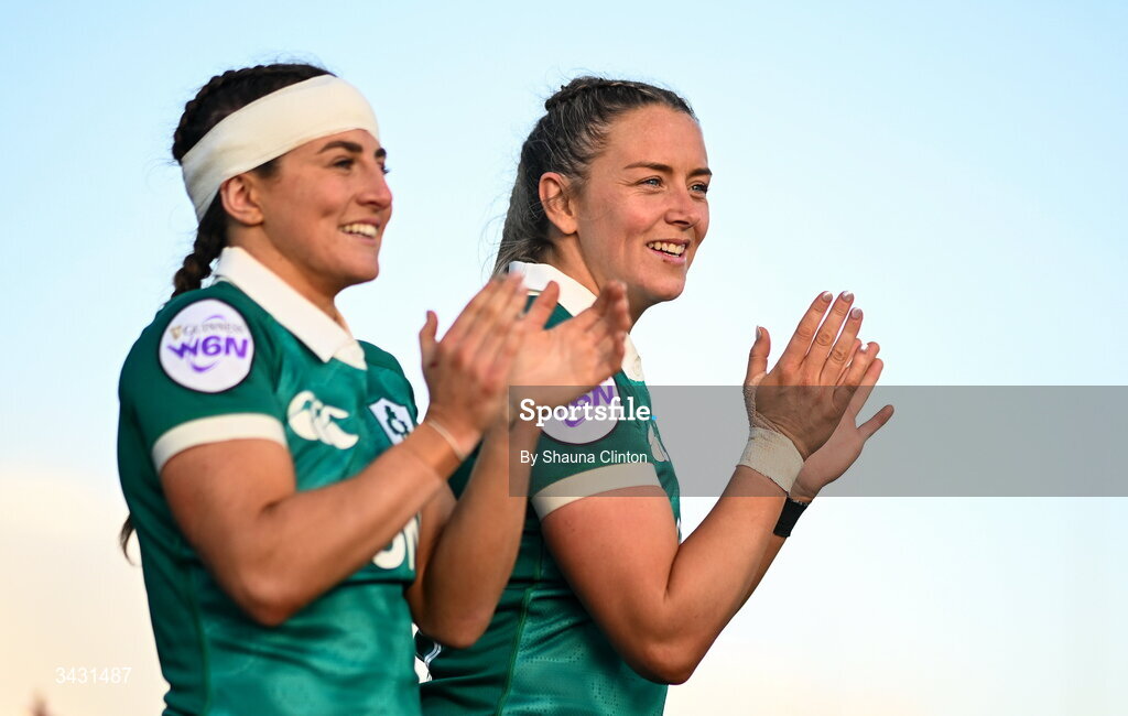 18 April 2026; Emily Lane, left, and Stacey Flood after the Women's Six Nations Rugby Championship match between Ireland and Italy at Dexcom Stadium in Galway. Photo by Shauna Clinton/Sportsfile
