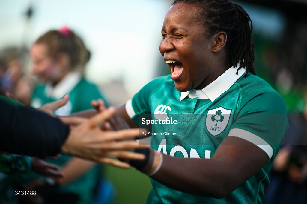 18 April 2026; Linda Djougang of Ireland with supporters after the Women's Six Nations Rugby Championship match between Ireland and Italy at Dexcom Stadium in Galway. Photo by Shauna Clinton/Sportsfile