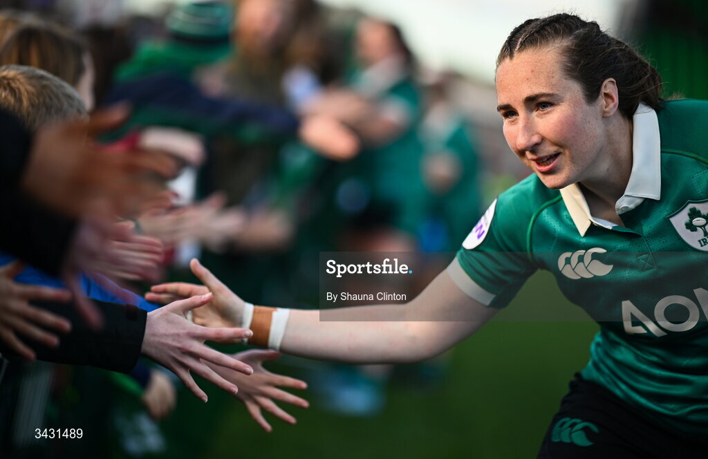 18 April 2026; Eve Higgins of Ireland with supporters after the Women's Six Nations Rugby Championship match between Ireland and Italy at Dexcom Stadium in Galway. Photo by Shauna Clinton/Sportsfile