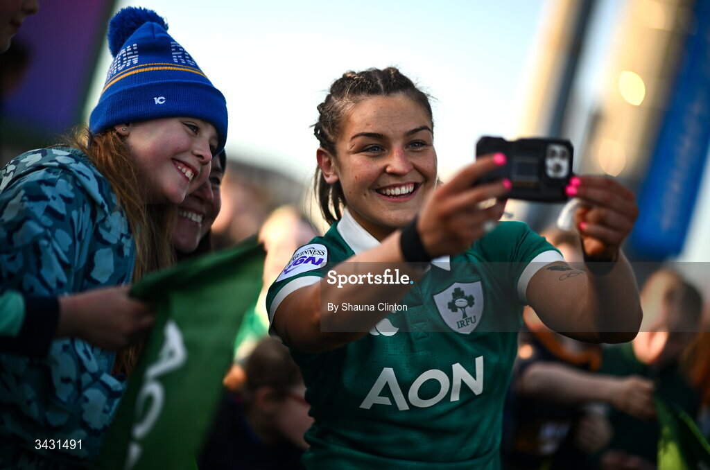18 April 2026; Ireland captain Erin King with supporters after the Women's Six Nations Rugby Championship match between Ireland and Italy at Dexcom Stadium in Galway. Photo by Shauna Clinton/Sportsfile