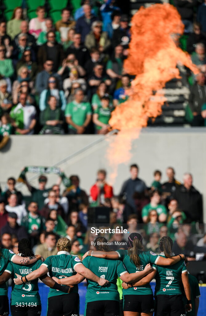 18 April 2026; Ireland players stand for the national anthems before the Women's Six Nations Rugby Championship match between Ireland and Italy at Dexcom Stadium in Galway. Photo by Brendan Moran/Sportsfile