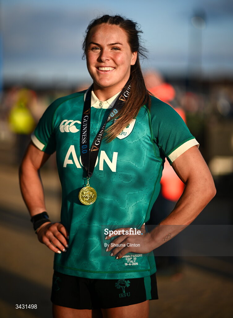 18 April 2026; Béibhinn Parsons Ireland after the Women's Six Nations Rugby Championship match between Ireland and Italy at Dexcom Stadium in Galway. Photo by Shauna Clinton/Sportsfile