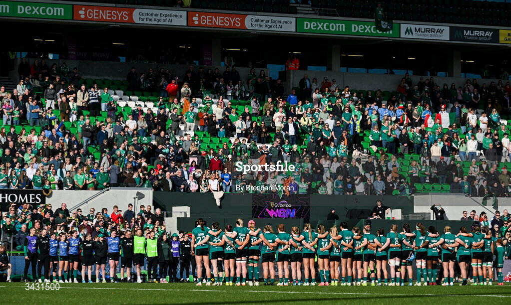 18 April 2026; The Ireland team and backroom staff stand for the national anthems before the Women's Six Nations Rugby Championship match between Ireland and Italy at Dexcom Stadium in Galway. Photo by Brendan Moran/Sportsfile