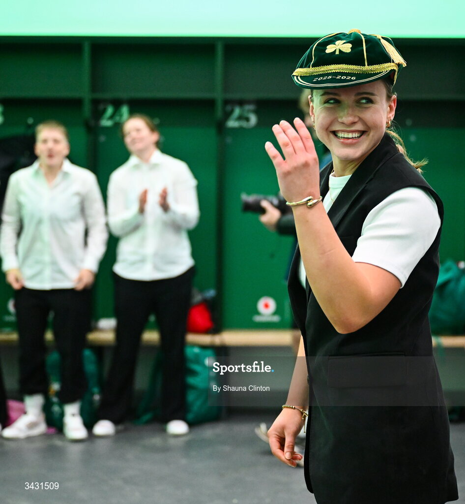 18 April 2026; Robyn O'Connor of Ireland is presented with her first international cap after the Women's Six Nations Rugby Championship match between Ireland and Italy at Dexcom Stadium in Galway. Photo by Shauna Clinton/Sportsfile