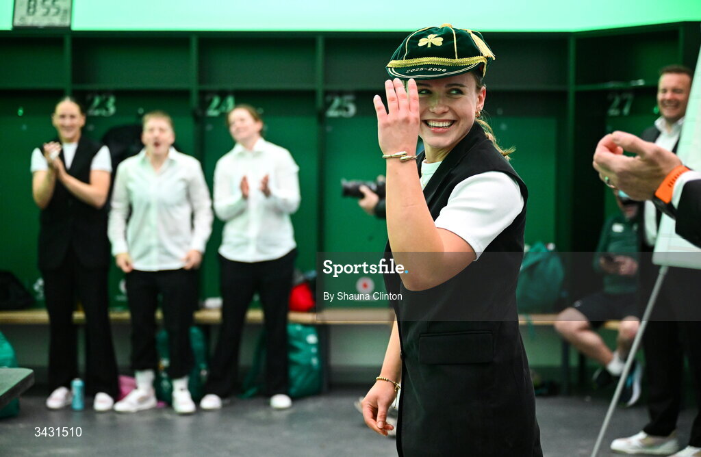 18 April 2026; Robyn O'Connor of Ireland is presented with her first international cap after the Women's Six Nations Rugby Championship match between Ireland and Italy at Dexcom Stadium in Galway. Photo by Shauna Clinton/Sportsfile