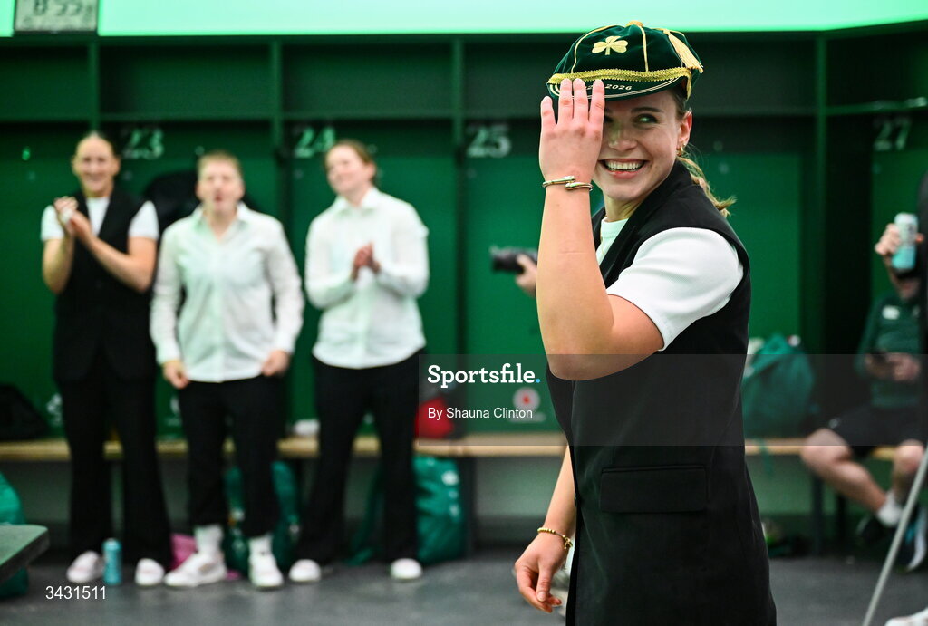 18 April 2026; Robyn O'Connor of Ireland is presented with her first international cap after the Women's Six Nations Rugby Championship match between Ireland and Italy at Dexcom Stadium in Galway. Photo by Shauna Clinton/Sportsfile