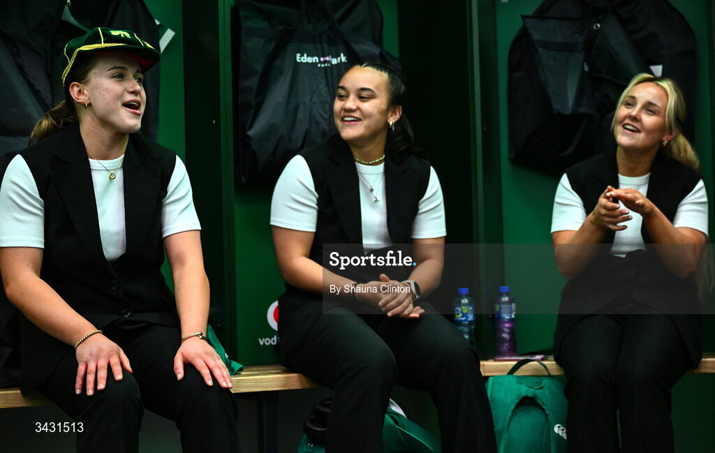 18 April 2026; Robyn O'Connor of Ireland, left, sings a song after being presented with her first international cap after the Women's Six Nations Rugby Championship match between Ireland and Italy at Dexcom Stadium in Galway. Photo by Shauna Clinton/Sportsfile