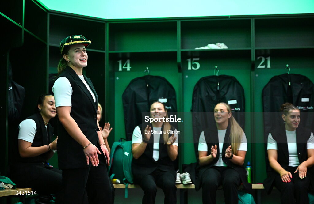 18 April 2026; Robyn O'Connor of Ireland, left, sings a song after being presented with her first international cap after the Women's Six Nations Rugby Championship match between Ireland and Italy at Dexcom Stadium in Galway. Photo by Shauna Clinton/Sportsfile
