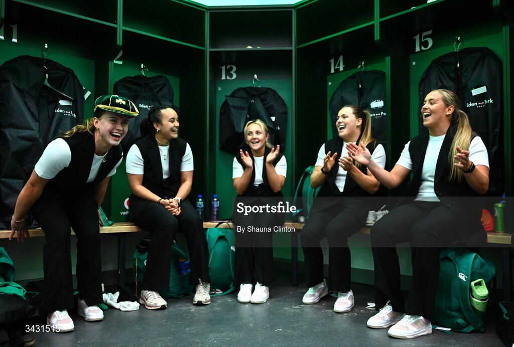 18 April 2026; Robyn O'Connor of Ireland, left, sings a song after being presented with her first international cap after the Women's Six Nations Rugby Championship match between Ireland and Italy at Dexcom Stadium in Galway. Photo by Shauna Clinton/Sportsfile