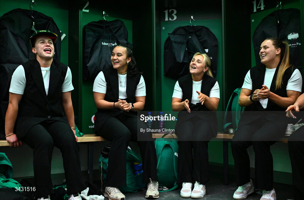 18 April 2026; Robyn O'Connor of Ireland, left, sings a song after being presented with her first international cap after the Women's Six Nations Rugby Championship match between Ireland and Italy at Dexcom Stadium in Galway. Photo by Shauna Clinton/Sportsfile