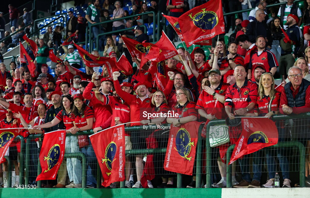 18 April 2026; Munster supporters celebrate at the final whistle of the United Rugby Championship match between Benetton and Munster at Stadio Monigo in Treviso, Italy. Photo by Tim Rogers/Sportsfile