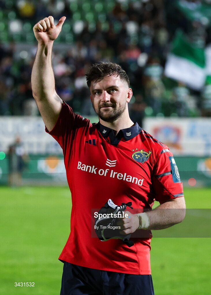 18 April 2026; Diarmuid Barron of Munster ccelebrates at the final whistle of the United Rugby Championship match between Benetton and Munster at Stadio Monigo in Treviso, Italy. Photo by Tim Rogers/Sportsfile