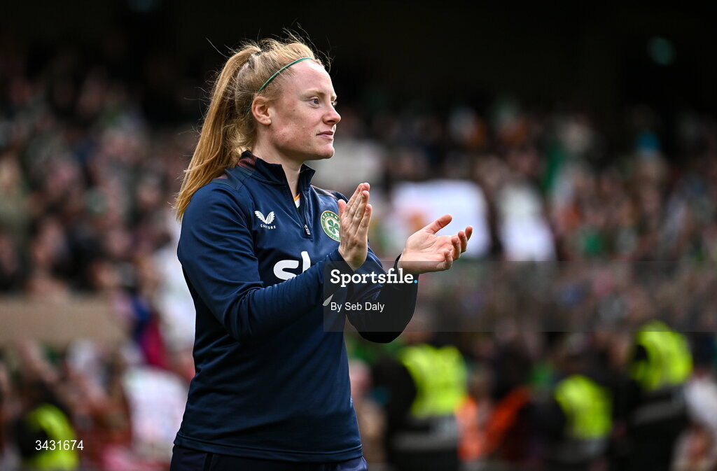 18 April 2026; Amber Barrett of Republic of Ireland after the 2027 FIFA Women’s World Cup Qualifier match between Republic of Ireland and Poland at the Aviva Stadium in Dublin. Photo by Seb Daly/Sportsfile