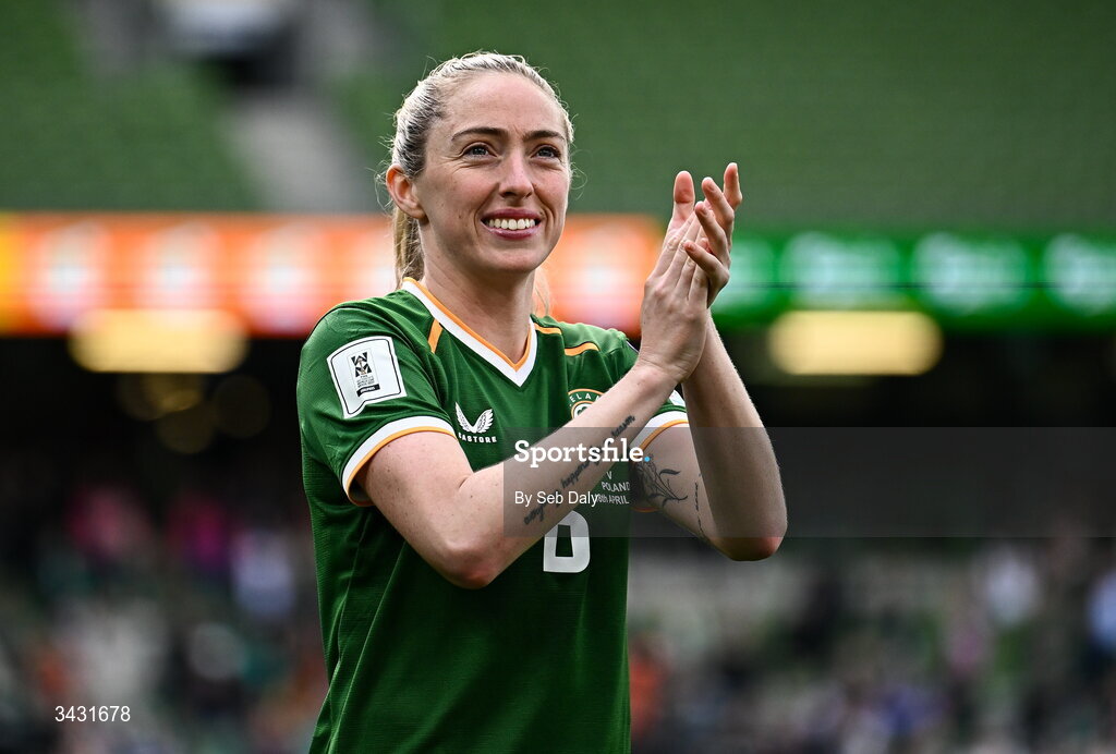18 April 2026; Megan Connolly of Republic of Ireland after the 2027 FIFA Women’s World Cup Qualifier match between Republic of Ireland and Poland at the Aviva Stadium in Dublin. Photo by Seb Daly/Sportsfile