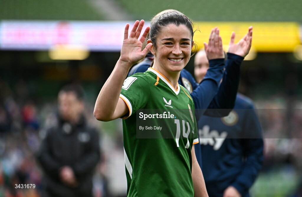 18 April 2026; Marissa Sheva of Republic of Ireland after the 2027 FIFA Women’s World Cup Qualifier match between Republic of Ireland and Poland at the Aviva Stadium in Dublin. Photo by Seb Daly/Sportsfile