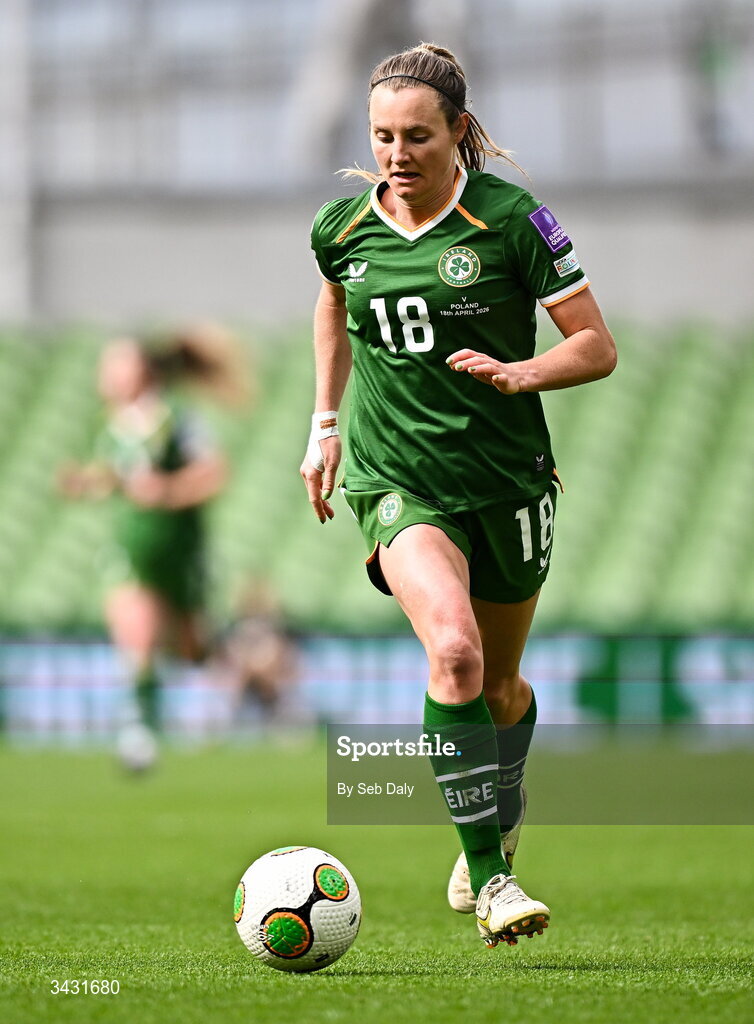 18 April 2026; Kyra Carusa of Republic of Ireland during the 2027 FIFA Women’s World Cup Qualifier match between Republic of Ireland and Poland at the Aviva Stadium in Dublin. Photo by Seb Daly/Sportsfile