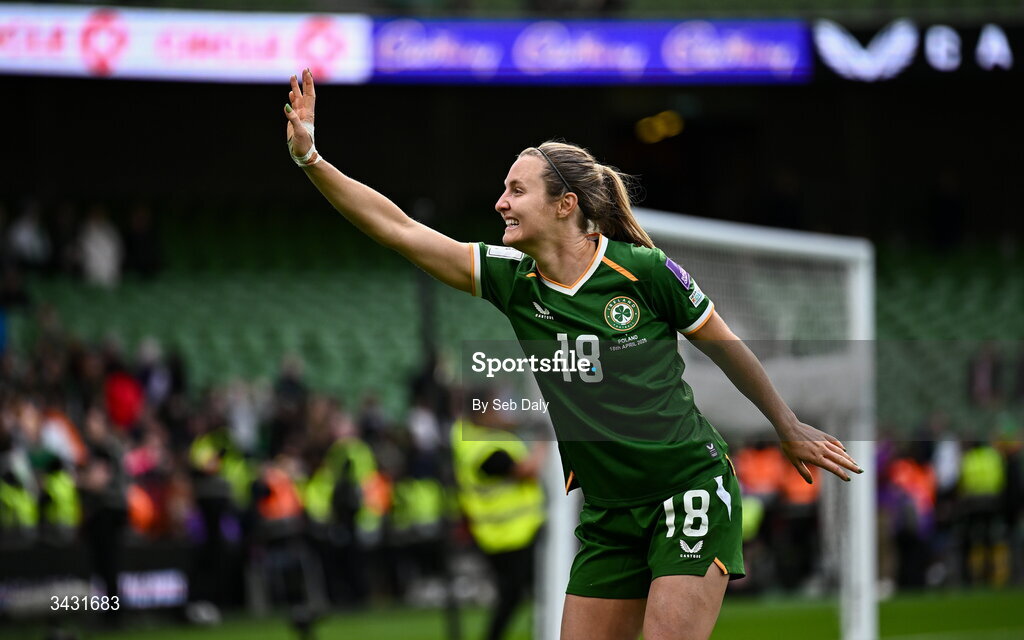 18 April 2026; Kyra Carusa of Republic of Ireland after the 2027 FIFA Women’s World Cup Qualifier match between Republic of Ireland and Poland at the Aviva Stadium in Dublin. Photo by Seb Daly/Sportsfile